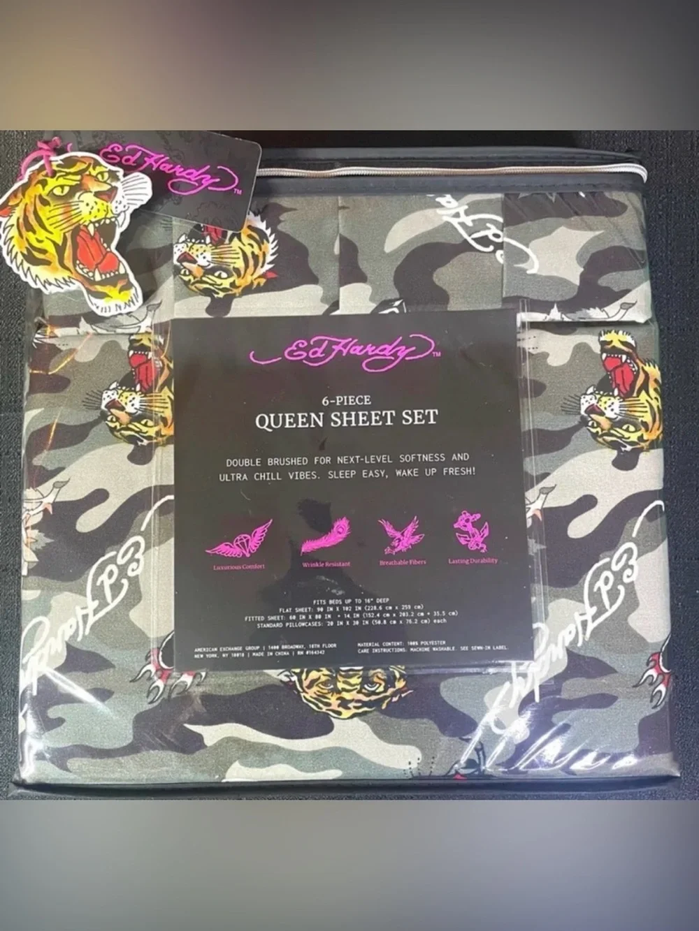 Ed Hardy Green Camo Deep Pocket 6-pc Queen Sheet Set Tigers Hearts NEW NIP